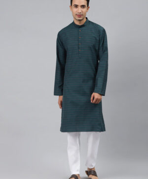 Men Green Striped Regular Kurta with Pyjamas