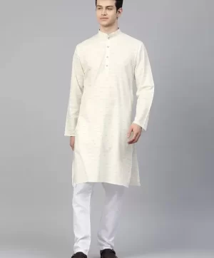 Men Off-White Self Striped Kurta with Pyjamas