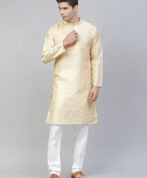 Men Beige Woven Design Mandarin Collar Kurta