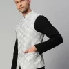 Men Grey & White Woven Design Nehru Jacket