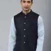 Men Blue Woven Jaquard Silk Nehru Jacket