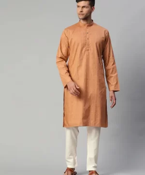 Men Copper-Toned & White Checked Pure Cotton Kurta with Pyjamas