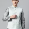 Men Green Ethnic Motifs Jaquard Woven Design Nehru Jacket