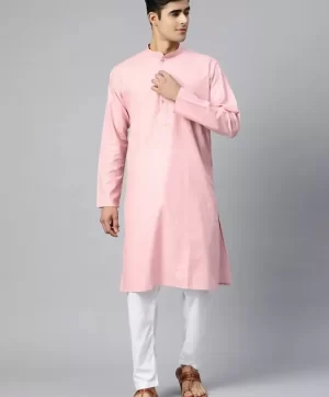 Men Pink & Gold-Toned Mandarin Collar Straight Cotton Kurta