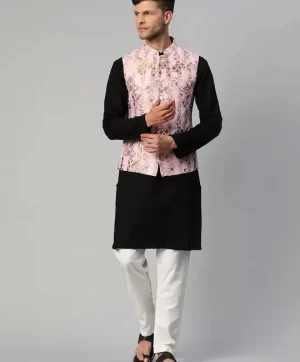 Men Pink & Golden Woven Design Nehru Jacket