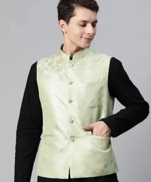 Men Woven Design Jaquard Silk Nehru Jacket