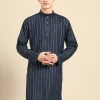 Striped Printed Band Collar Long Sleeve Straight Cotton Kurta