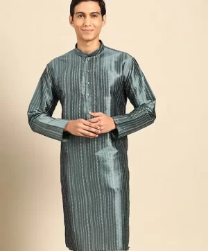 Woven Design Mandarin Collar Cotton Silk Straight Kurta