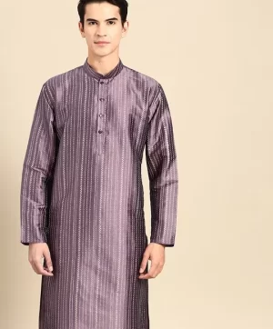 Woven Design Mandarin Collar Cotton Silk Straight Kurta