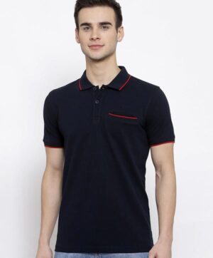 Men Navy Blue Polo Collar Slim Fit Pure Cotton T-shirt