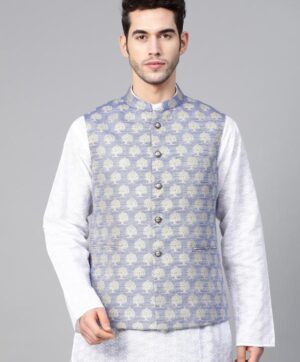 Men Blue & Beige Woven Design Nehru Jacket