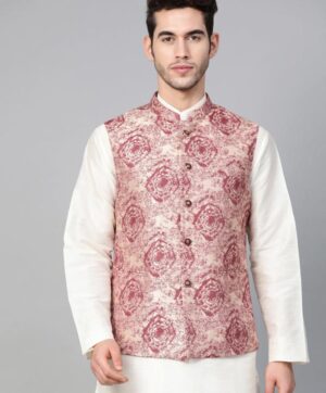 Men Maroon & Beige Woven Design Nehru Jacket