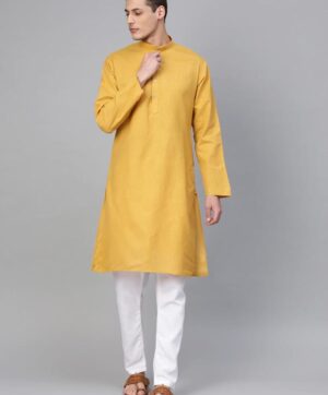 Men Mustard Yellow & White Solid Kurta with Pyjamas