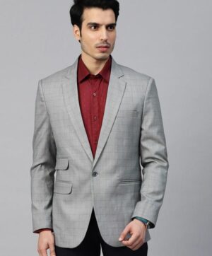 Men Grey Checked Single-Breasted Slim Fit Formal Blazer