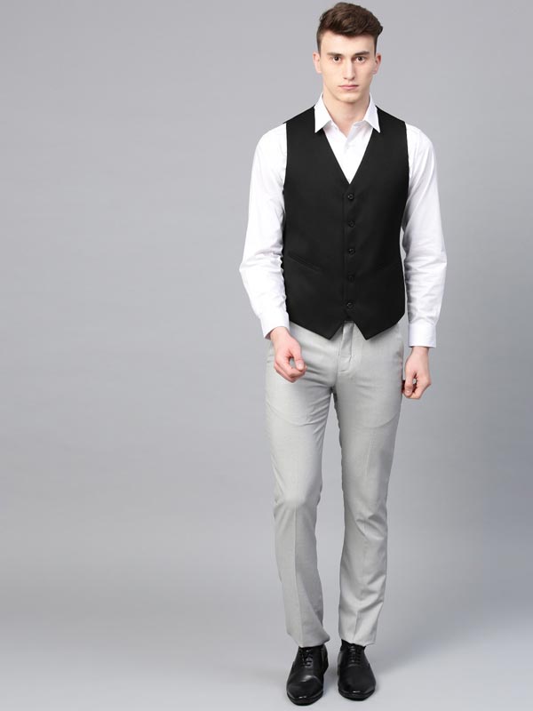 Men Black Solid Slim Fit Formal Waistcoat – ManQ