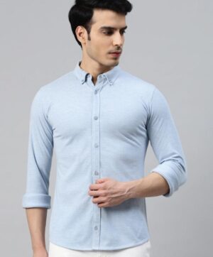 Men Blue Pure Cotton Knitted Slim Fit Casual Shirt