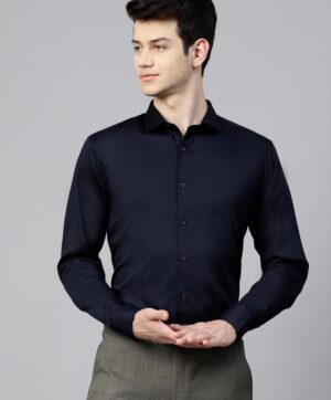 Men Navy Blue Slim Fit Solid Partywear Shirt