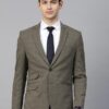 Men Olive Brown & Blue Checked Single-Breasted Slim Fit Formal Blazer