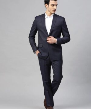 Men Navy Blue Self-Design Slim Fit Single-Breasted Suit