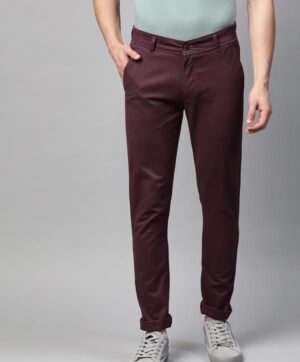 Men Burgundy Slim Fit Solid Chinos Trousers