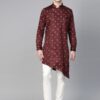 Men Burgundy & Beige Leaf Print Asymmetric Kurta