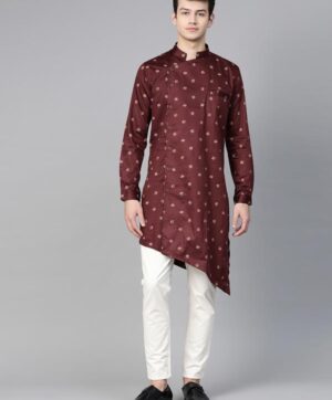 Men Burgundy & Beige Leaf Print Asymmetric Kurta