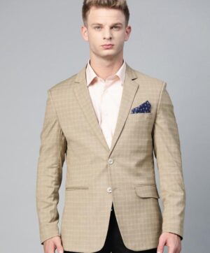 Men Beige & White Checked Slim-Fit Single-Breasted Blazer