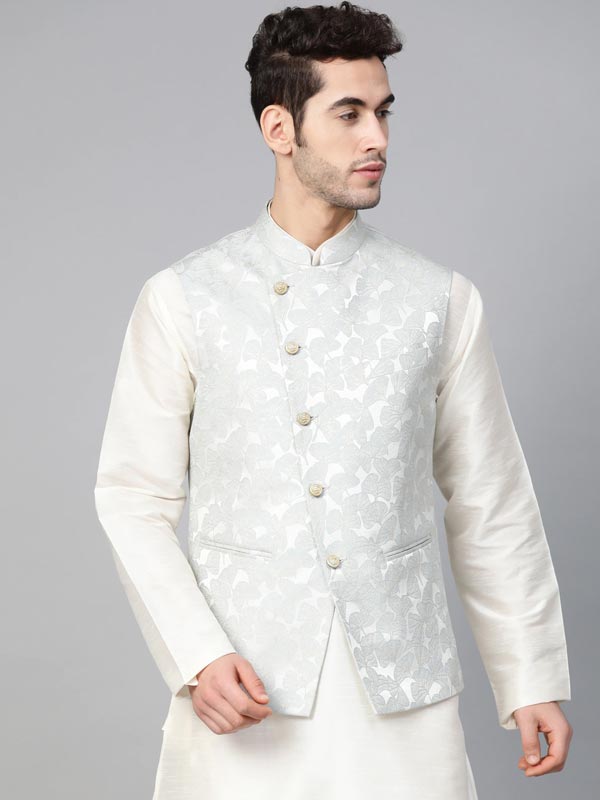Mens Golden Beige Color Silk Kurta Pajama With Printed Modi Jacket –  ShopBollyWear.Com