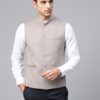 Men Taupe Solid Slim Fit Nehru Jacket