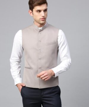 Men Taupe Solid Slim Fit Nehru Jacket