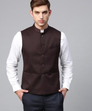 Men Coffee Brown Solid Slim Fit Nehru Jacket