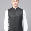 Men Charcoal Grey Solid Slim Fit Nehru Jacket