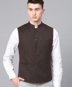 Men Coffee Brown Slim Fit Solid Nehru Jacket