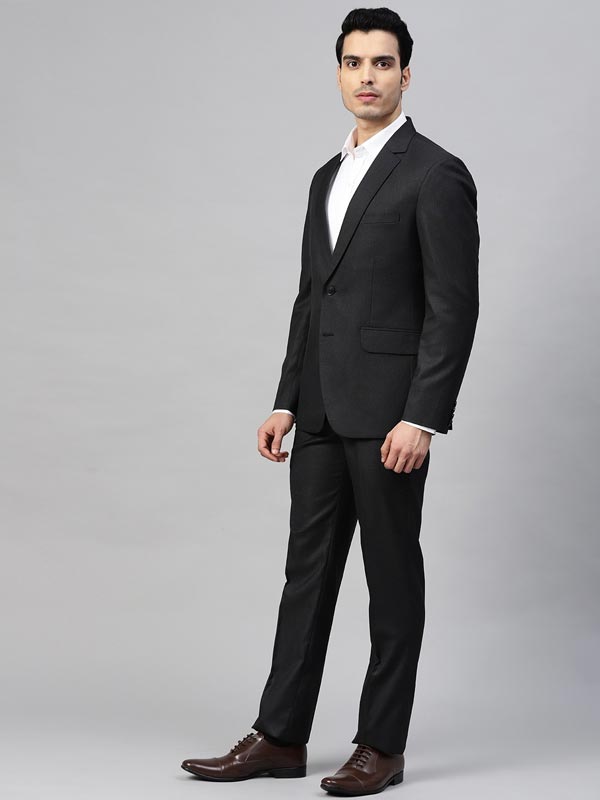 Men Black Self-Design Slim Fit Single-Breasted Suit – ManQ