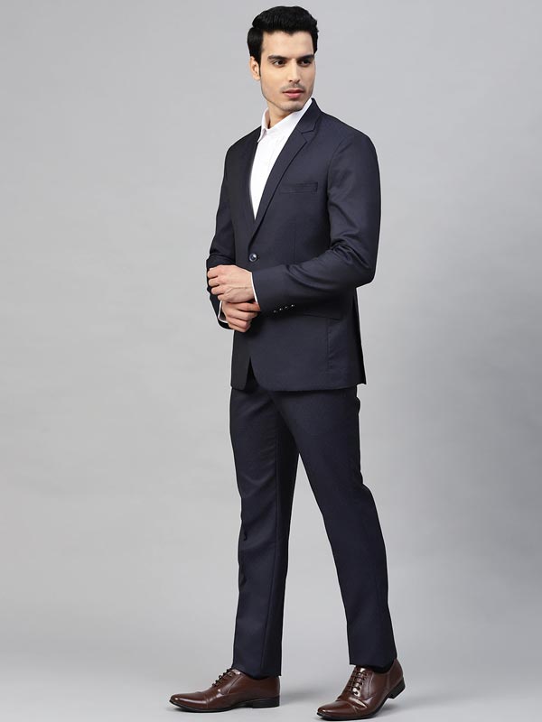 Men Navy Blue Self-Design Slim Fit Single-Breasted Suit – ManQ