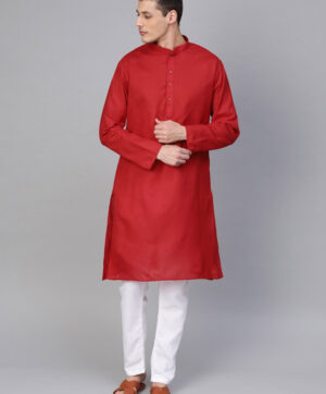 Men Red & White Solid Kurta with Pyjamas