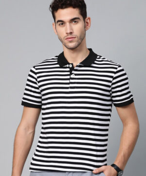 Men Black & White Slim Fit Striped Polo Collar T-shirt