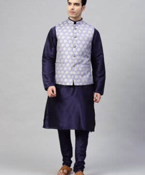 Men Navy Blue & Beige Solid Kurta with Churidar