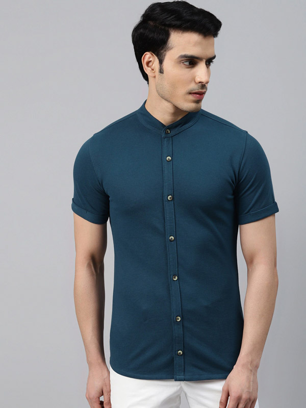 Men Teal Blue Pure Cotton Knitted Slim Fit Casual Shirt – ManQ