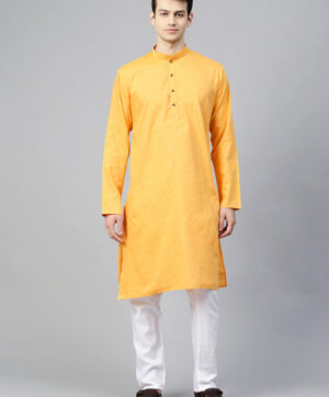 Men Yellow & White Self Striped Kurta with Pyjamas