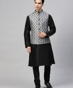 Men Black & Grey Printed Kurta with Churidar & Printed Nehru Jacket