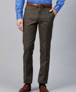 Men Brown & Blue Slim Fit Checked Formal Trousers