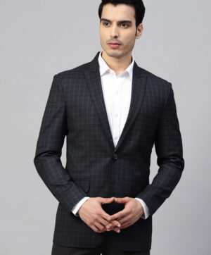 Men Black & Navy Blue Checked Slim Fit Single-Breasted Formal Blazer