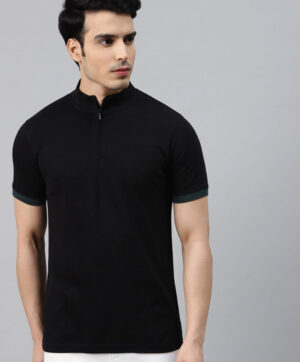 Men Black Mock Neck Slim Fit T-shirt