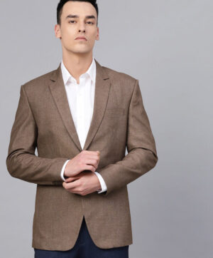 Men Brown Slim Fit Solid Single-Breasted Formal Blazer