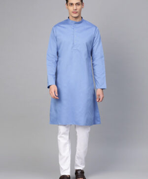 Men Blue & White Solid Kurta with Pyjamas