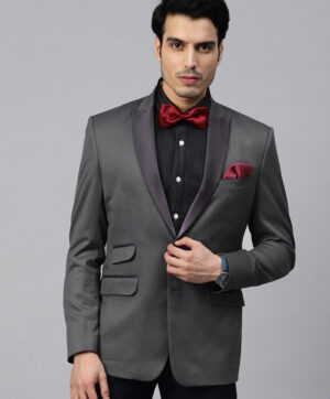 Men Charcoal Grey Solid Single-Breasted Slim Fit Tuxedo Blazer