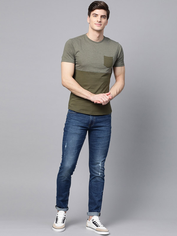 Men Olive Green Colourblocked Round Neck T-shirt – ManQ