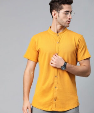 Men Mustard Yellow Knitted Slim Fit Solid Casual Shirt