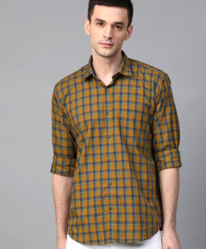 Men Mustard Brown & Green Slim Fit Giza Cotton Checked Smart Casual Shirt